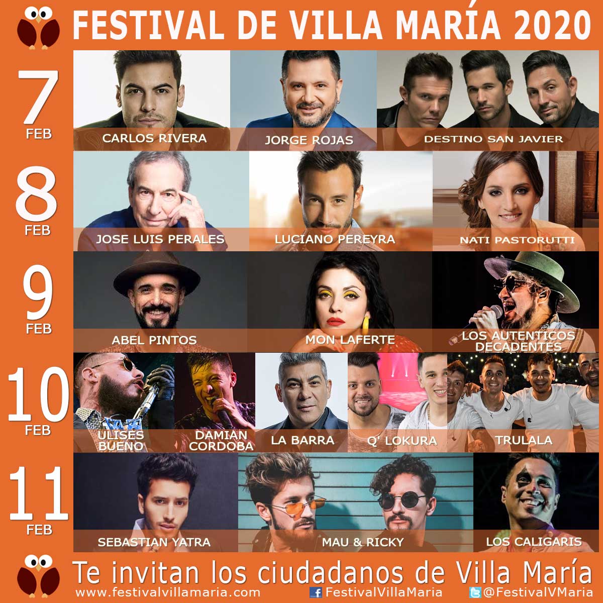 Grilla Artistas Festival Villa Maria 2020