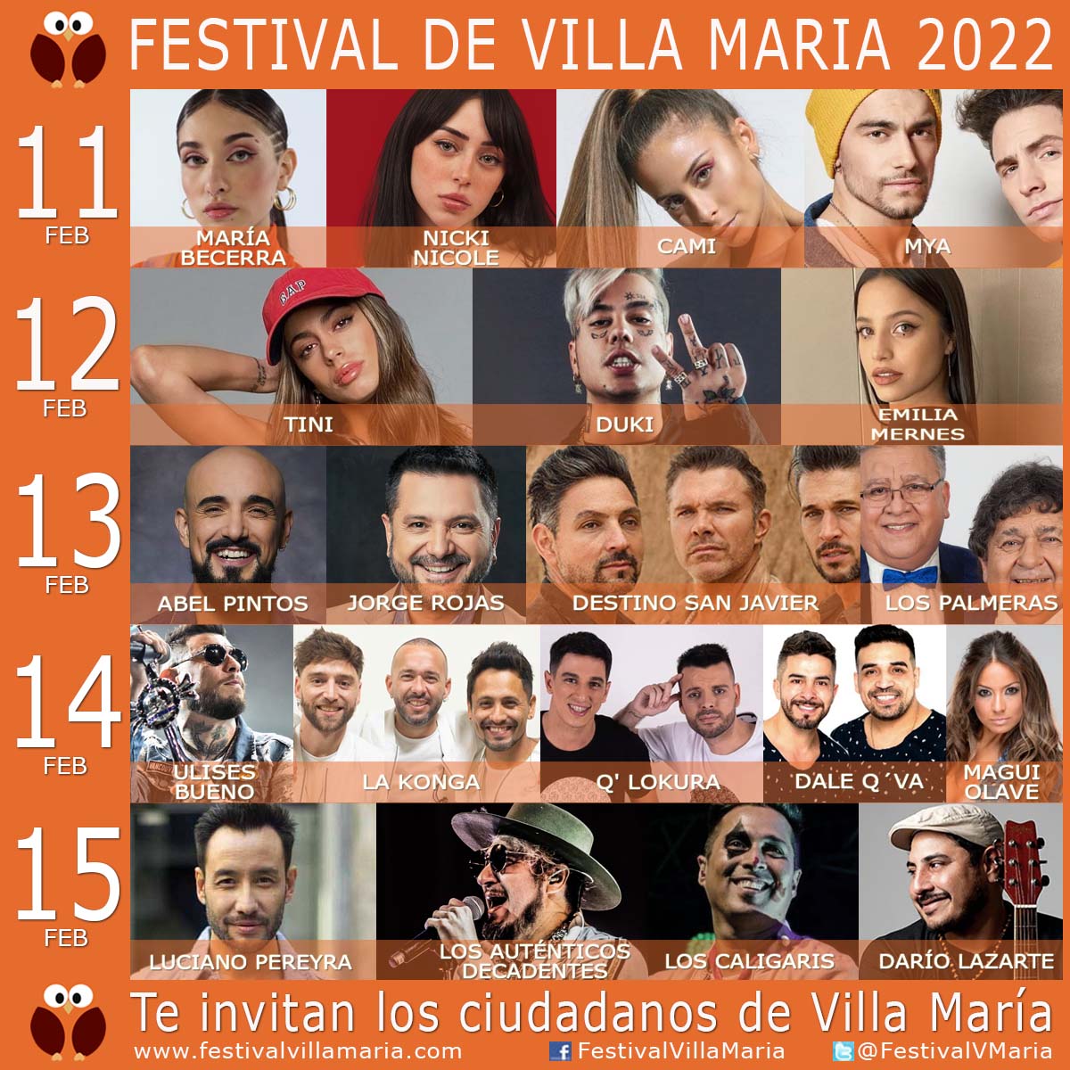 Grilla Artistas Festival Villa Maria 2022