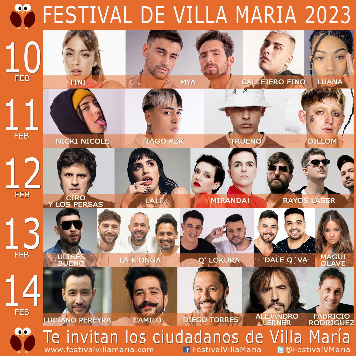 Grilla Artistas Festival Villa Maria 2023